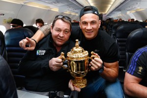 Happy homecoming: Triumphant All Blacks coach Steve Hansen and Sonny Bill Williams with the Webb Ellis Cup. Photo: Getty images
