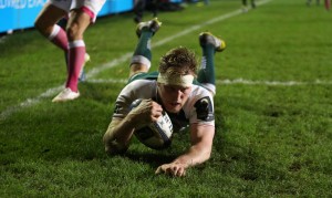 Dream debut: Brendon O'Connor goes over for a try against Stade Francais at Welford Road