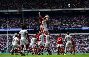 Flying high: Joe Launchbury takes a lineout during England's 27-13 victory over Wales at Twickenham