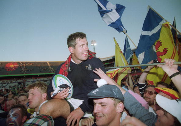 Fond farewell: Gavin Hastings is chaired off the pitch after his final Test, during RWC 1995. (Photo: Getty Images)