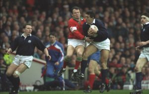 Gavin Hastings takes a high ball against Wales