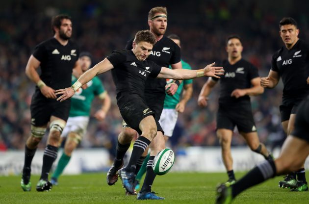 Bombs away: Beauden Barrett goes to the air at the Aviva Stadium