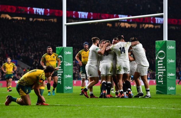 England celebrate Owen Farrell's try
