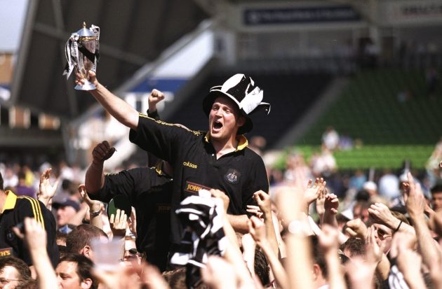 Doddie Weir celebrates Newcastle's 1998 Premiership title triumph