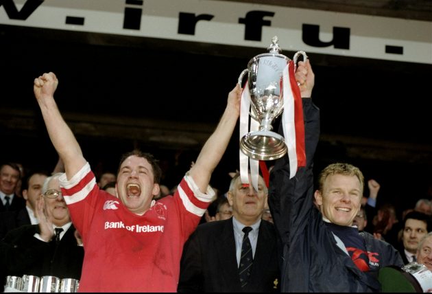 David Humphreys and Mark McCall of Ulster lift the European Cup, 1999
