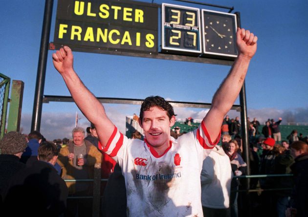 Simon Mason celebrates Ulster's win over Stade Francais, 1999