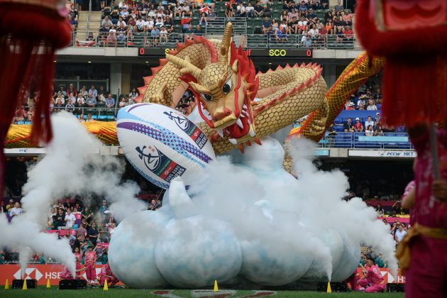 Sebastien Chabal performs at Hong Kong Sevens while dressed as a caveman