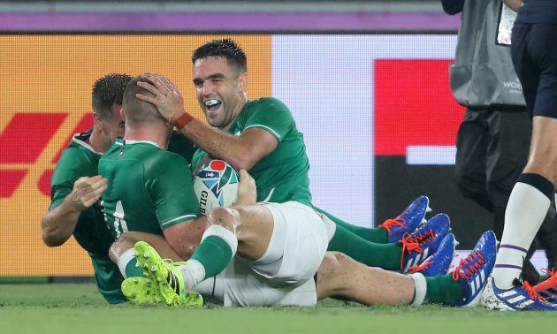 Ireland celebrate Andrew Conway's try against Scotland