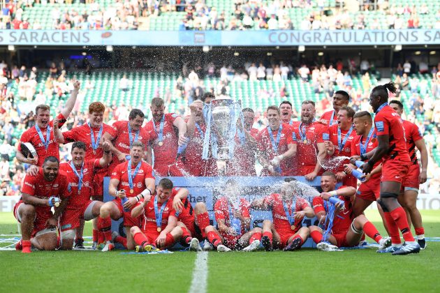 Saracens celebrate winning the 2018-19 Premiership