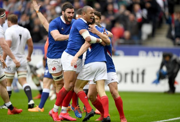France celebrate a try v England, 2020 Six Nations