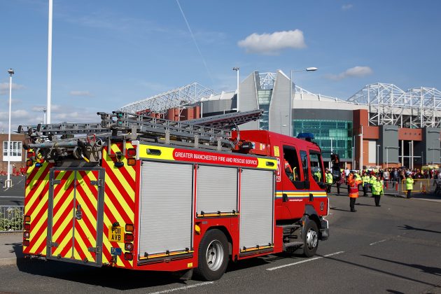 A fire engine outside Old Trafford