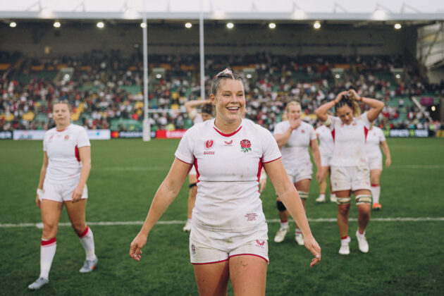 England Red Roses winger Jess Breach following their World Cuo win against Samoe. (Photo by Alex Pantling - RFU/The RFU Collection via Getty Images)