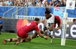 Waisea Nayacalevu scores Fiji's first try in their Rugby World Cup win over Georgia at Stade de Bordeaux