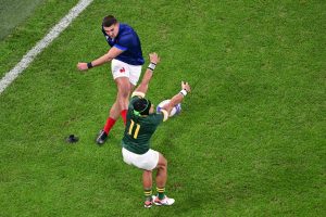 Cheslin Kolbe charges down conversion for France