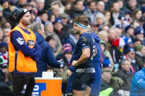 Scotland's George Turner is forced off with a head injury during a Guinness Six Nations match between Scotland and France at Scottish Gas Murrayfield Stadium, on February 10, 2024 (Getty Images)