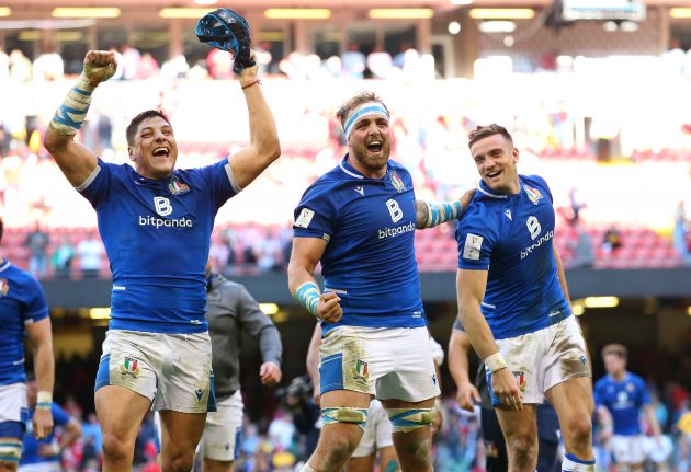 Juan Ignacio Brex, Niccolo Cannone and Edoardo Padovani of Italy celebrate victory over Wales after the Six Nations Rugby match between Wales and Italy at Principality Stadium on March 19, 2022 (Getty Images)