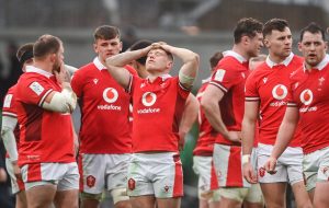 Wales players including Sam Costelow, third from left, dejected after their side's defeat in the Guinness Six Nations Rugby Championship match between Ireland and Wales at Aviva Stadium (Getty Images)