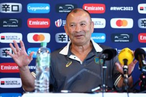Former Australia Head Coach, Eddie Jones speaks to the media during an Australia Wallabies media opportunity on September 22, 2023 in Lyon, France (Getty Images)