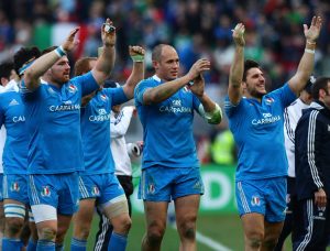 Sergio Parisse (C) and Italy team-mates celebrate victory at the end of the RBS Six Nations match between Italy and Ireland at Stadio Olimpico on March 16, 2013 in Rome, Italy (Getty Images)