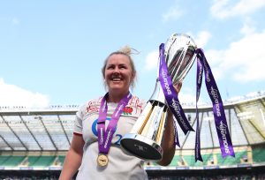 Marlie Packer of England celebrates with the trophy after the TikTok Women's Six Nations match between England and France at Twickenham Stadium on April 29, 2023 (Getty Images)
