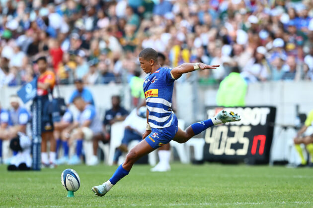 Manie Libbok kicks a conversion during Stormers' European Champions Cup defeat to Toulon in December 2024