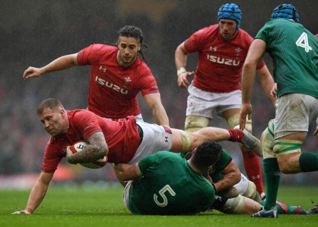 Wales' Ross Moriarty is tackled during the 2019 Grand Slam match against Ireland in Cardiff