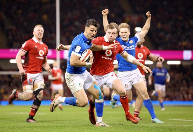 Italy’s Lorenzo Pani scores against Wales during his team’s victory in the 2024 Six Nations