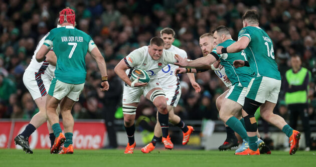 England’s Tom Willis runs through a group of Ireland players in the February 2025 Six Nations match.