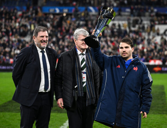 France captain Antoine Dupont holds aloft the Solidarity/Solidarité Trophy after his team’s victory over Ireland in the 2026 Six Nations.
