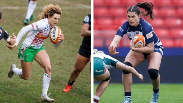 A split picture - on the left, Harlequins' Ellie Kildunne in action during the Allianz Premier match between Exeter Chiefs Women and Harlequins Ladies at Sandy Park on February 2, 2025. On the right, Bristol Bears' Ilona Maher in action during the Allianz Premiership Women's Rugby match between Bristol Bears and Leicester Tigers at Ashton Gate on January 18, 2025