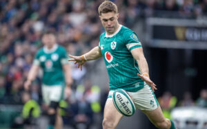 Ireland’s Jack Crowley kicks the ball during the 2025 Six Nations match against France.