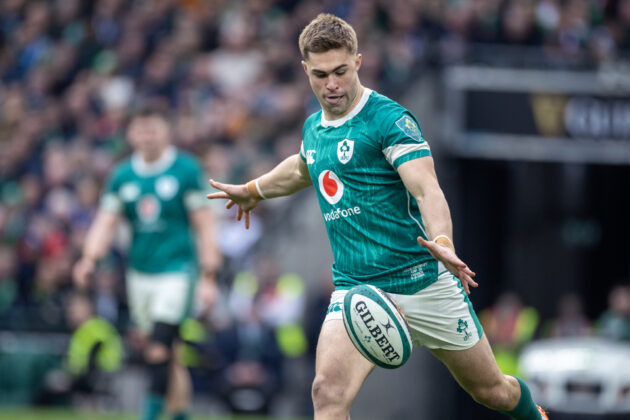 Ireland’s Jack Crowley kicks the ball during the 2025 Six Nations match against France.