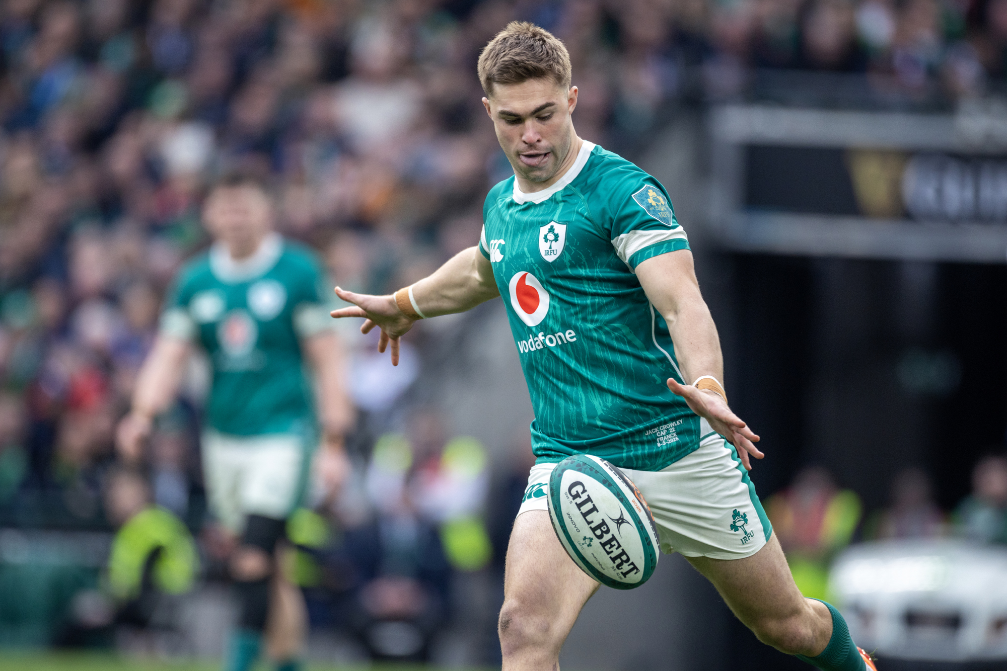 Ireland’s Jack Crowley kicks the ball during the 2025 Six Nations match against France.