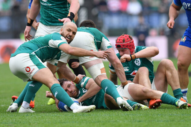 Ireland's Jamison Gibson-Park prepares to pass the ball during the 2025 Six Nations match against Italy.