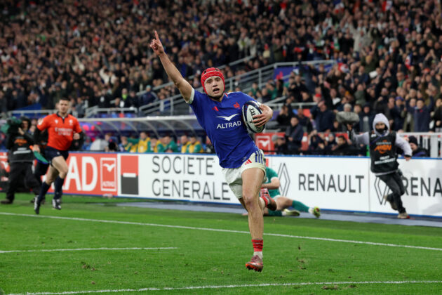 France's Louis Bielle-Biarrey celebrates scoring the first of his nine tries in the 2026 Six Nations.