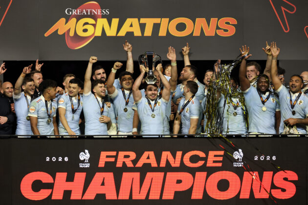 Antoine Dupont lifts the Six Nations trophy after France's 2026 victory over England in Paris