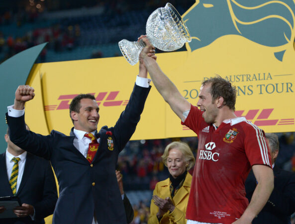 British & Irish Lions captains Sam Warburton and Alun Wyn Jones hold aloft the trophy for their 2013 series win in Australia