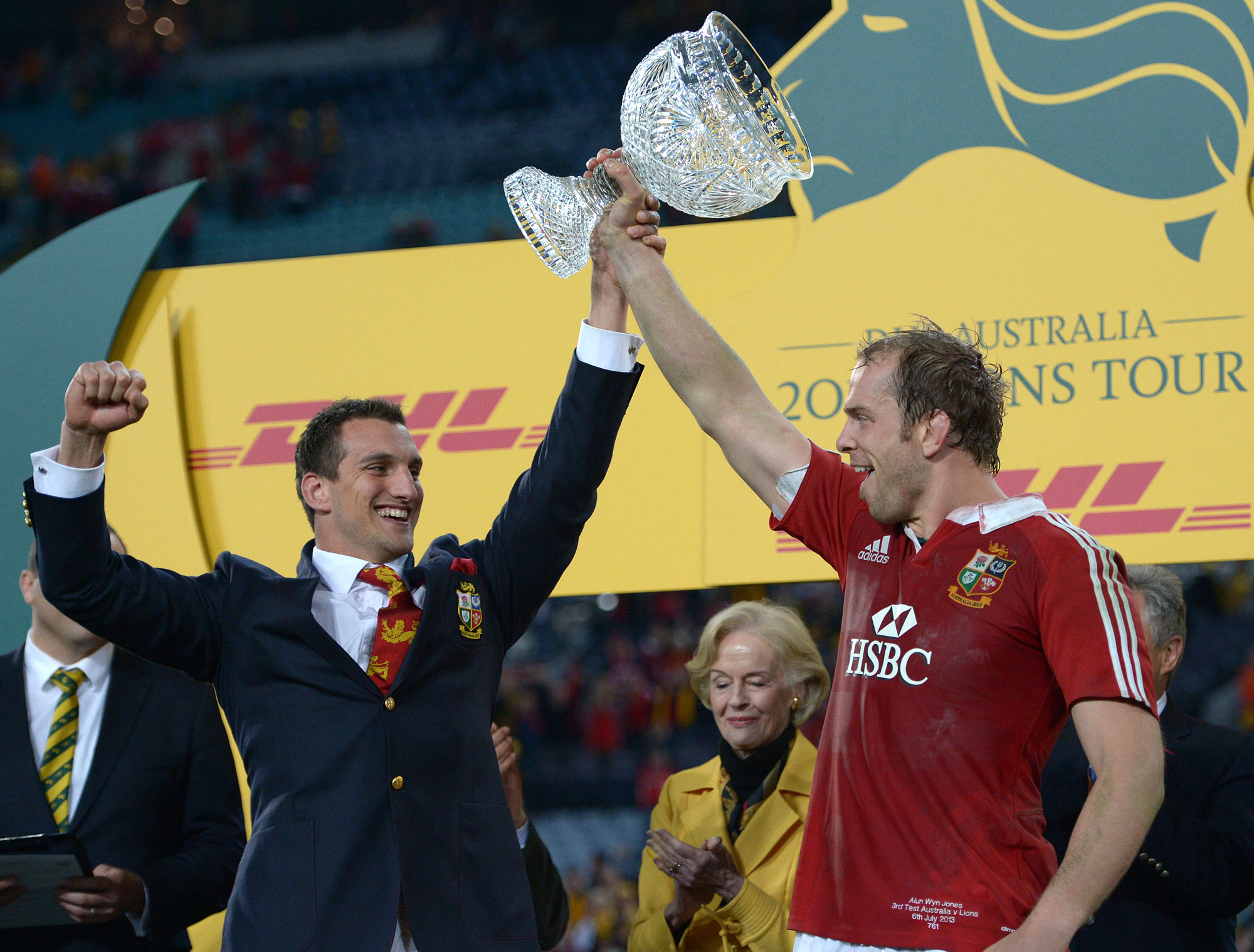 British & Irish Lions captains Sam Warburton and Alun Wyn Jones hold aloft the trophy for their 2013 series win in Australia