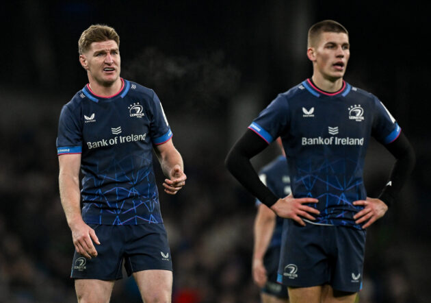 Leinster’s Jordie Barrett and Sam Prendergast stand side by side during the European Champions Cup match against Bath in January 2025