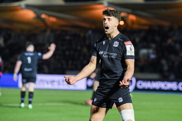 Glasgow Warriors' Adam Hastings celebrates a try against Leicester Tigers in the 2025 European Champions Cup round of 16
