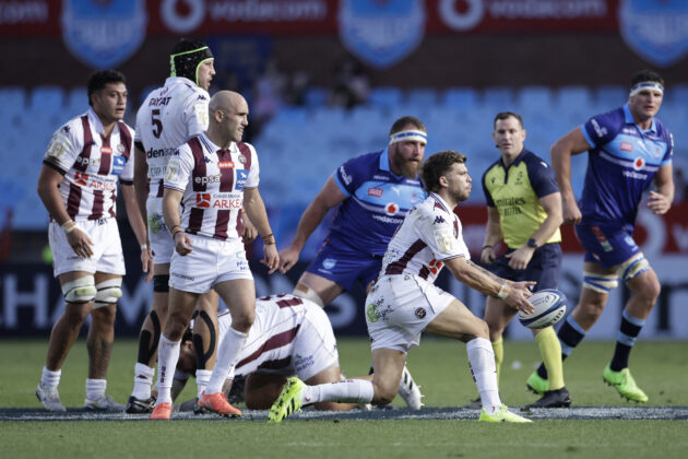 Player of the match, Bordeaux Bègles' Matthieu Jalibert, passes the ball during the European Rugby Champions Cup match against the Bulls in December 2025.
