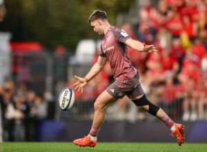 Crowley kicks a drop-goal during Munster's win at La Rochelle in the Investec Champions Cup (Sportsfile/Getty Images)