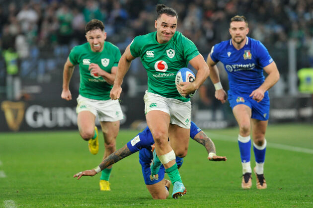 Ireland's James Lowe runs with the ball against Italy during their 2025 Six Nations match