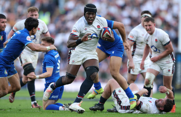 England captain Maro Itoje runs with the ball during the March 2025 Six Nations match against Italy.