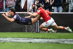 Bordeaux’s Damian Penaud dives across the try line during his side’s European Champions Cup win over Munster