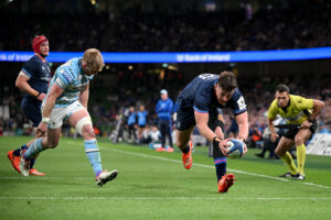Dan Sheehan scores for Leinster during the 2025 Champions Cup quarter-final match against Glasgow Warriors.