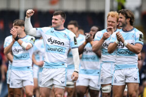 Ben Spencer leads the celebrations after Bath Rugby beat Edinburgh to earn a place in the European Challenge Cup final