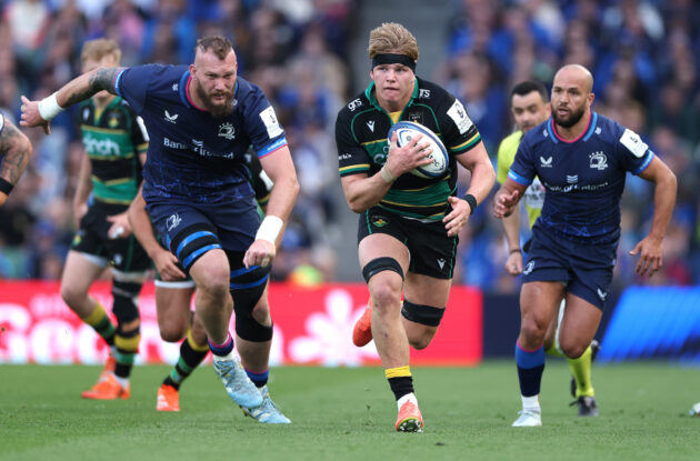 Northampton Saints’ Henry Pollock runs with the ball on his way to scoring his team's second try against Leinster in the 2025 Champions Cup semi-final