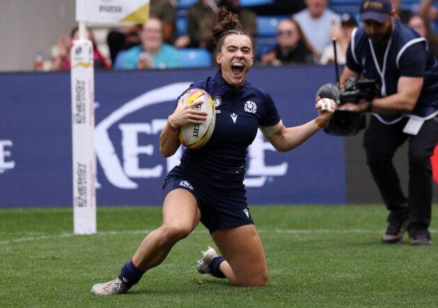 Francesca McGhie of Scotland celebrates scoring a try against Wales during their 2025 Women’s Rugby World Cup pool match