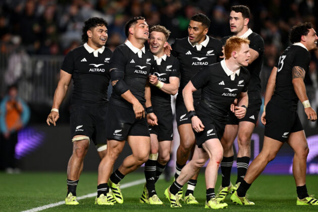 Quinn Tupaea celebrates with his New Zealand teammates after scoring a try in their first 2025 Rugby Championship match against New Zealand
